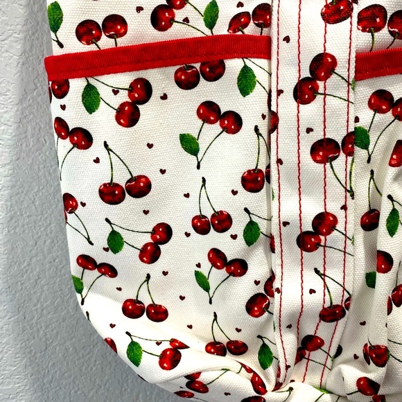 Cherry Themed White Canvas Shoulder Tote Travel Diaper Beach Bag Purse Pockets - Picture 3 of 7